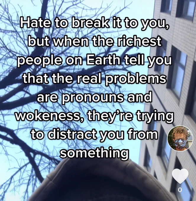 TikTok screencap with text that says “hate to break it to you but when the richest people on earth tell you that the real problems are pronouns and wokeness, they’re trying to distract you from something”