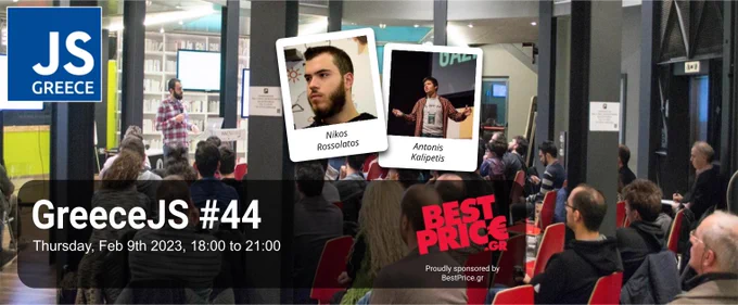 GreeceJS #44 promo banner with the images of the 2 speakers.
