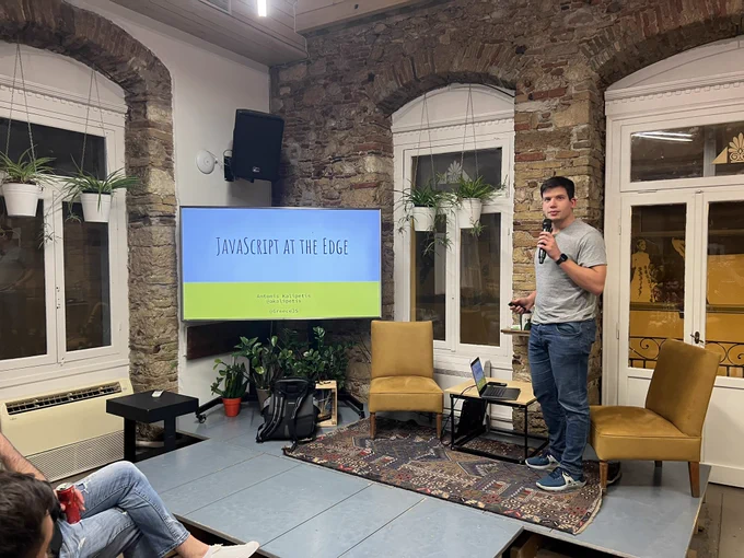 Antonis Kalipetis is presenting "Code at the edge with JavaScript and Cloudfare workers" at the 44th GreeceJS meetup.
