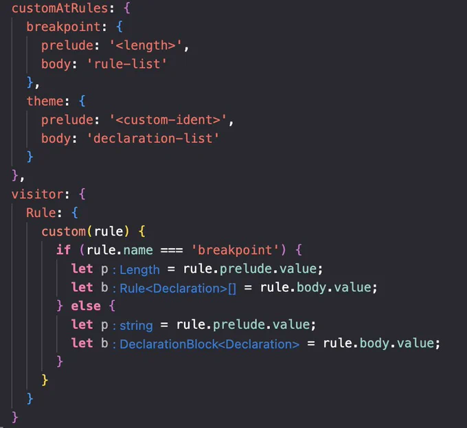 Code showing two custom at rule definitions, and a custom rule visitor. TypeScript inlay hints are shown for the prelude and body of each rule type based on an if statement checking the rule's name.