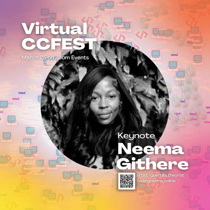 a flier for Neema Githere's keynote at virtual CC Fest. A profile picture of a person standing in front of plant leaves. 