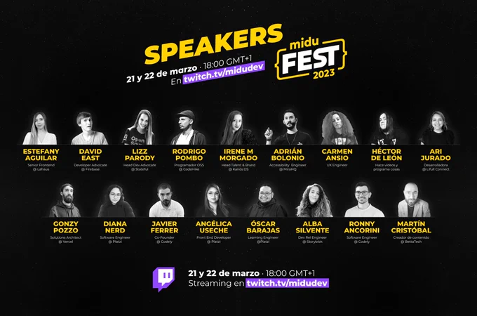 Fotografía con todos los speakers de la miduFest. Aparece la fecha en la que se retransmite la conferencia de programación: 21 y 22 de marzo en Twitch.