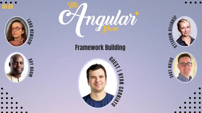 The Angular Plus Show. Season 5 episode 5, titled "Framework Building".  Pictures of hosts,  Lara Newsom, Ady Ngom, Jennifer Wadella, Brian Love, and guest, Ryan Carniato