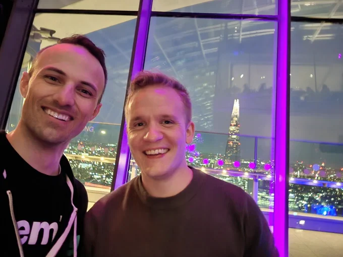 Kent with Alex selfie high in a skyscraper looking out over London