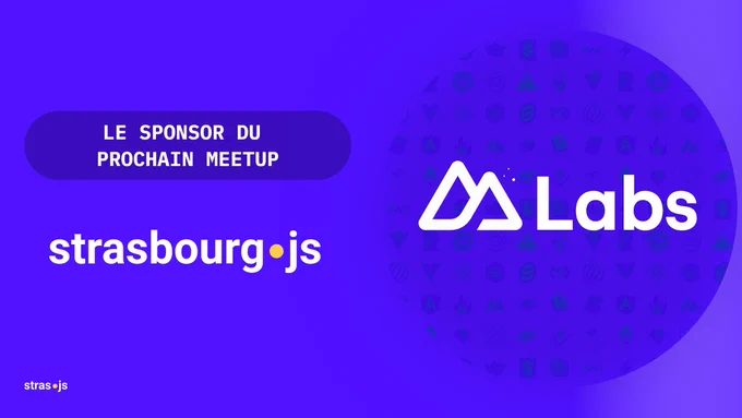 Logo de Strasbourg JS, un message pour annoncer le sponsor du prochain meet-up : NuxtLabs
