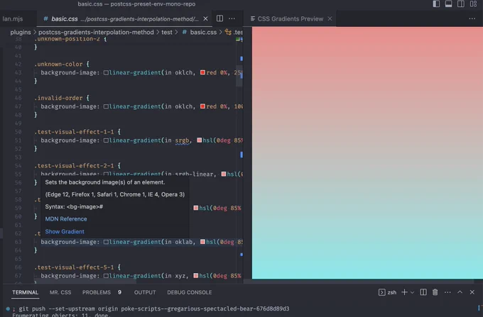 Screenshot of a gradients preview with one of the new gradient sub features from CSS.