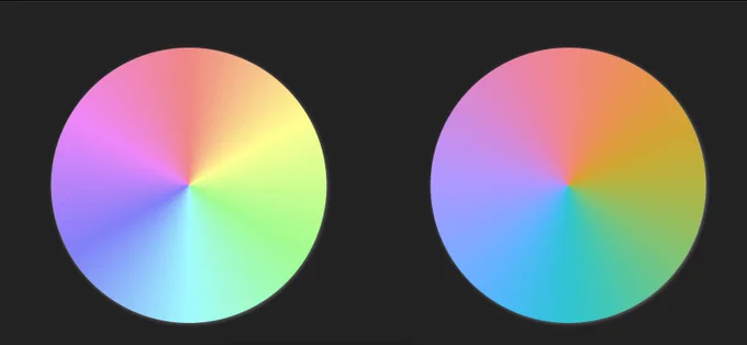 Two color wheels, one drawn with HSL in sRGB and one drawn with OKLCH.

The second color wheel is much more uniform in brightness and saturation compared to the first one.