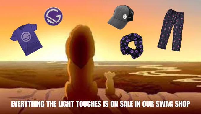Mufasa and Simba looking into the sunlight meme with Gatsby apparel in the horizon. Text: Everything the light touches is on sale in our swag shop