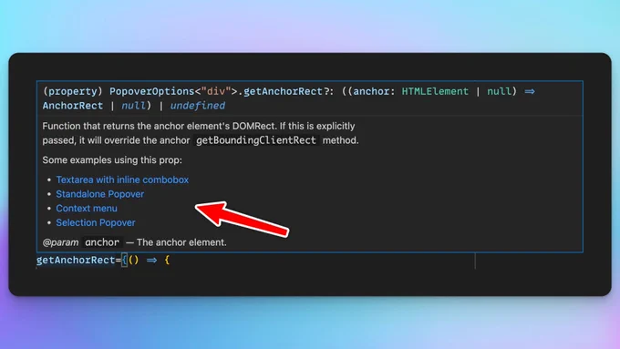A screenshot of VSCode with a focus on a hint popup. The popup has a list of links to examples in the description.