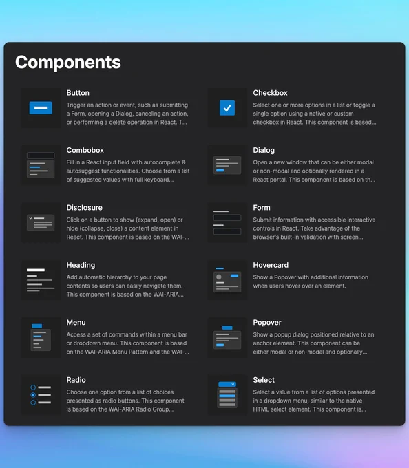 A screenshot of a dark page with a 2-column list with cards linking to component pages. Each card has an icon representing the component.