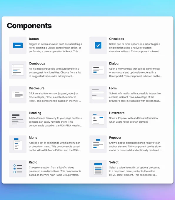 A screenshot of a light page with a 2-column list with cards linking to component pages. Each card has an icon representing the component.