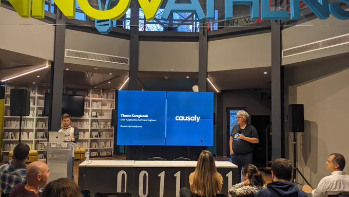 A message from Causaly sponsor for the 45th GreeceJS meetup.