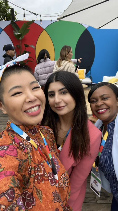 Selfie taken by Sherry Yang, Engineering Team Lead of Asian decent with Junnet Ali, Program Lead of Middle Eastern decent, and Madona Syombua, Android Google Developer Expert of African American decent.