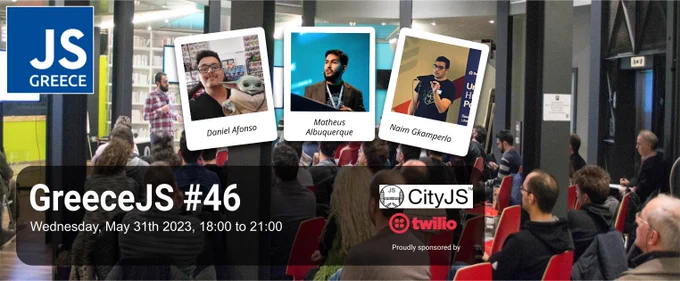 Promo image for GreeceJS #46: Contract Testing, Concurrent React and Microfrontends with the speakers Daniel Afonso, Matheus Albuquerque, and Naim Gkamperlo