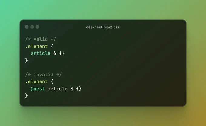 Examples of nested CSS that is either fine or invalid for our new stylelint plugin.

Source code :

/* valid */
.element {
	article & {}
}

/* invalid */
.element {
	@nest article & {}
}