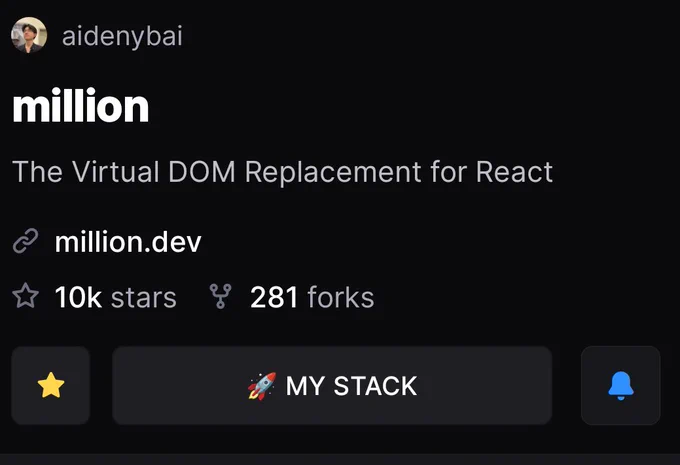 Screenshot showing the display page of the Million.js project where the 10k stars shows on there.
