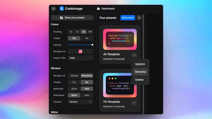 Presets are a new feature of CodeImage that allows to save a style configuration to reuse across snippet