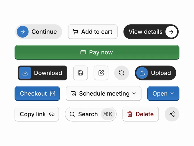 Collection of various UI button styles including primary, secondary, icon, and dropdown variants