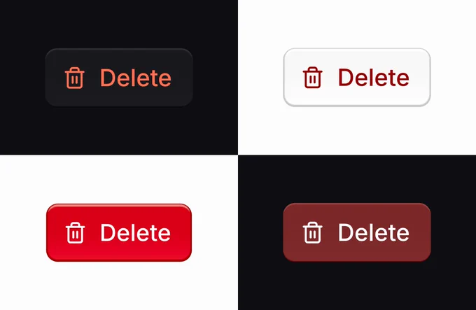 A 2x2 grid showcasing different designs for a "Delete" button. The top left shows a dark-mode ghost style with orange text. The top right is a light-mode outlined style with dark red text. The bottom left features a solid bright red button, while the bottom right shows a solid dark maroon button.