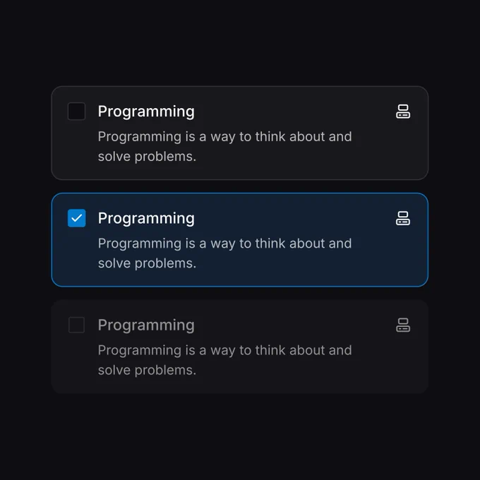 A UI mockup showing three variations of a selection card labeled "Programming." Each card contains a checkbox, a title, a description, and a small icon. The top card is unselected (dark grey). The middle card is selected (highlighted in blue with a checked box). The bottom card is disabled (content appears dimmed or faded).