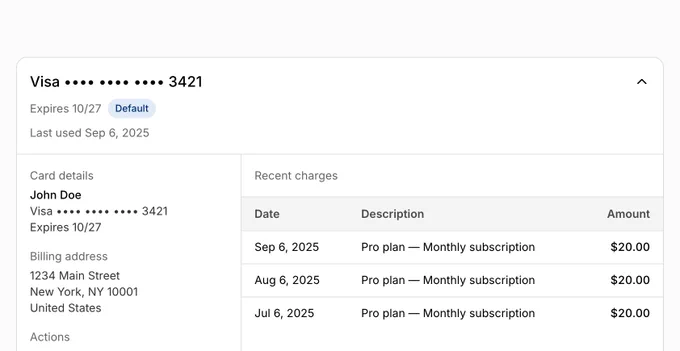 Screenshot of billing settings showing a masked Visa ending 3421 and recent $20 subscription charges