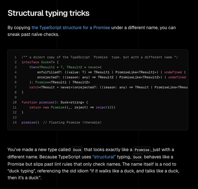A screenshot of the "Structural typing tricks" code snippet that we used to break Biome. Find more details in the linked article.