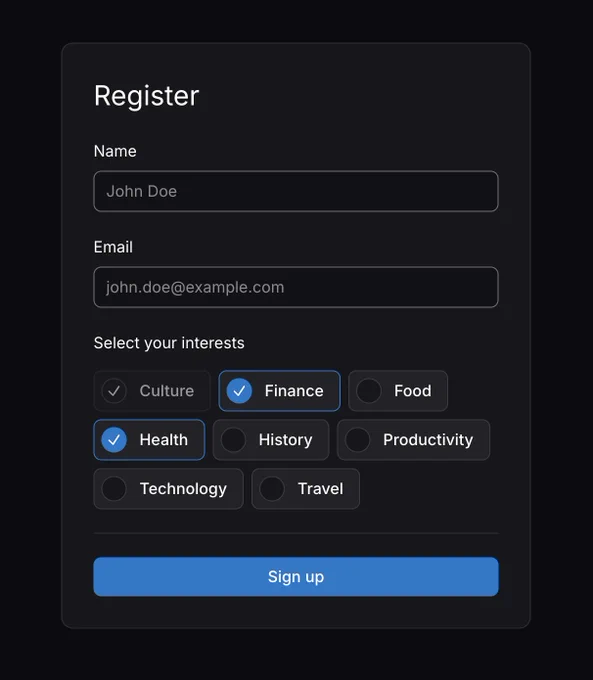 Register form with name, email, and interest chips; Finance and Health selected