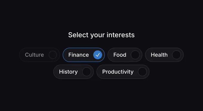 Interest chip selector in dark mode with “Finance” selected