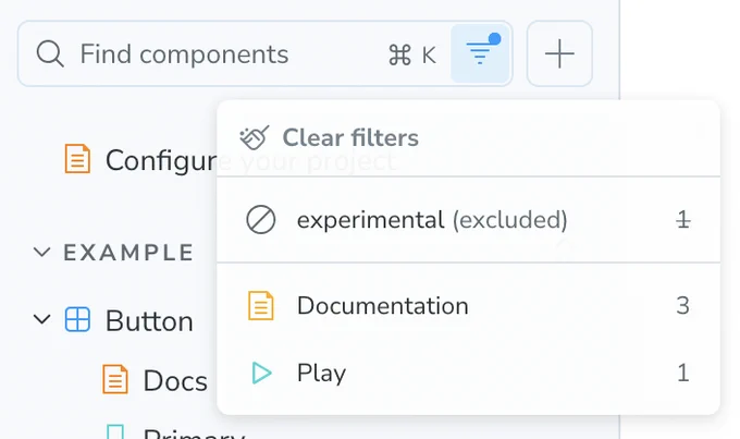 The open filter menu containing Clear filters, experimental (checked), Documentation, and Play