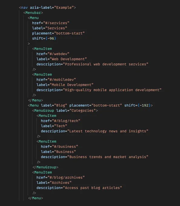 Snippet of JSX code using custom Menubar, Menu, MenuItem, and MenuGroup components to build navigation menubar widget.