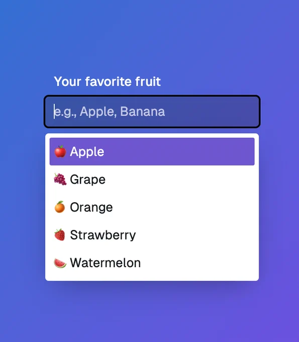 Screenshot of an expanded combobox widget labeled "Your favorite fruit," displaying five options named after fruits, each with its corresponding emoji.