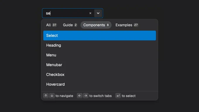 Screenshot of an open combobox widget with tabs inside its popup. The first option within the selected tab panel is highlighted. At the bottom, there are instructions for keyboard usage: use vertical arrow keys for navigation; horizontal arrow keys to switch between tabs; and Enter to select.