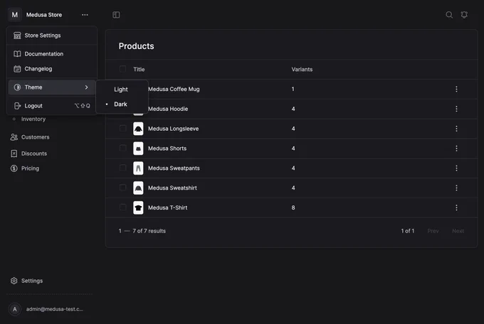 Preview of the Medusa Admin dashboard in a dark mode theme.