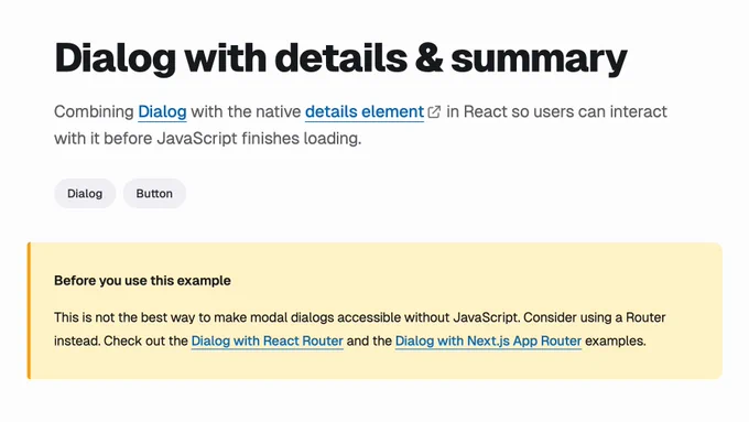 Screenshot of the "Dialog with details & summary" page on Ariakit.org. The page includes a warning at the top that suggests other examples as better alternatives.