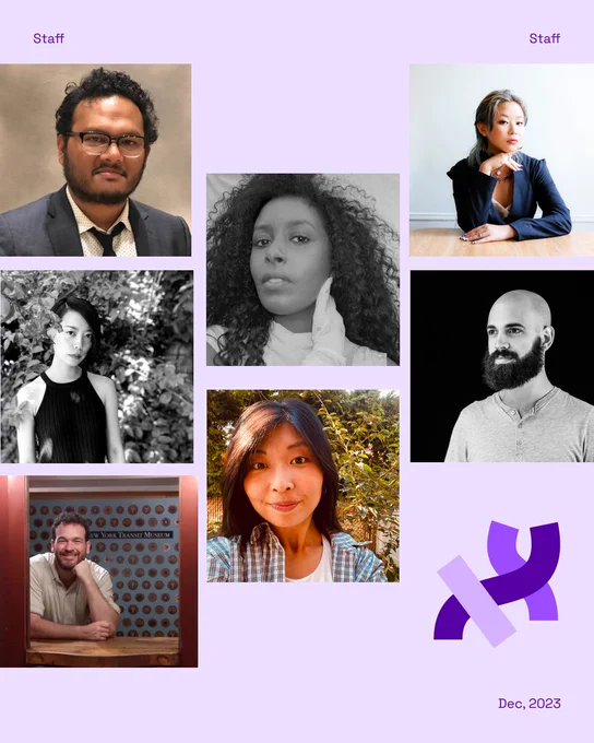 A lavender graphic with headshot images of Saber Khan, Tsige Tafesse, Suhyun (Sonia) Choi, Charles Reinhardt, Raphaël de Courville, Qianqian Ye, and Rachel Lim in the middle with header ‘Impact Report’ at the top and footer ‘Dec, 2023’ at the bottom right along with the Processing Foundation logo in purple on the bottom left. 
