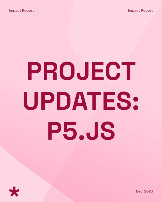 A salmon pink graphic with the text ‘Project Updates: p5.js’ in the middle with header ‘Impact Report’ at the top and footer ‘Dec, 2023’ at the bottom right along with the p5.js logo in dark red on the bottom left. 
