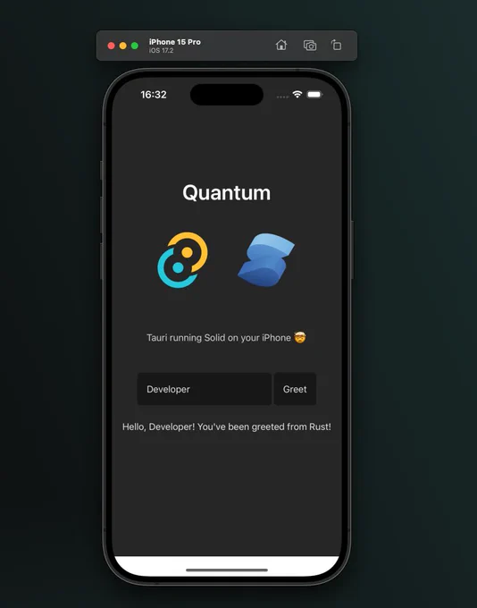 Tauri version 2.0 running a Solid app on a webview in an iPhone 15 Pro simulator