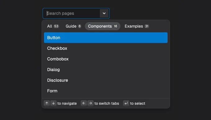 Screenshot of the combobox with tabs widget in dark mode. The combobox input is empty. The first option, Button, is selected within the Component tab panel.