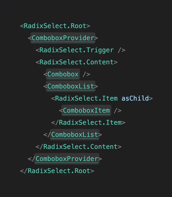 The following JSX code demonstrating the basic structure to combine Radix Select and Ariakit Combobox:

<RadixSelect.Root>
  <ComboboxProvider>
    <RadixSelect.Trigger />
    <RadixSelect.Content>
      <Combobox />
      <ComboboxList>
        <RadixSelect.Item asChild>
          <ComboboxItem />
        </RadixSelect.Item>
      </ComboboxList>
    </RadixSelect.Content>
  </ComboboxProvider>
</RadixSelect.Root>