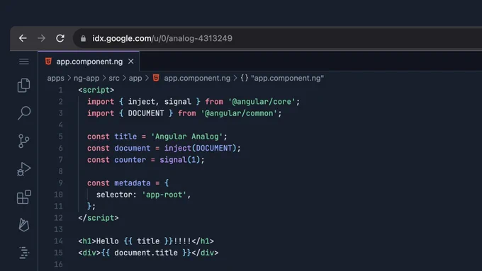 A screenshot of a .ng file with the code below:

<script>
  import { inject, signal } from '@angular/core';
  import { DOCUMENT } from '@angular/common';

  const title = 'Angular Analog';
  const document = inject(DOCUMENT);
  const counter = signal(1);

  const metadata = {
    selector: 'app-root',
  };
</script>

<h1>Hello {{ title }}!!!!</h1>
<div>{{ document.title }}</div>

<p>Counter: {{ counter() }}</p>
<button (click)="counter.set(counter() + 1)">increment</button>