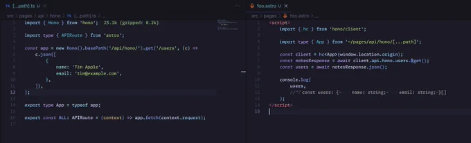 A screenshot of 2 code snippets side by side. The left one showing a basic Hono api & on the right a basic client side script making a request to the formerly mentioned Hono API, with complete end to end type safety