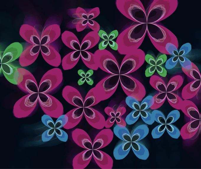 Code-generated drawn bright butterfly-like shapes in pink, blue, green