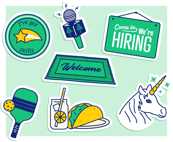 Icons of a welcome map, unicorn, taco and other fun things.