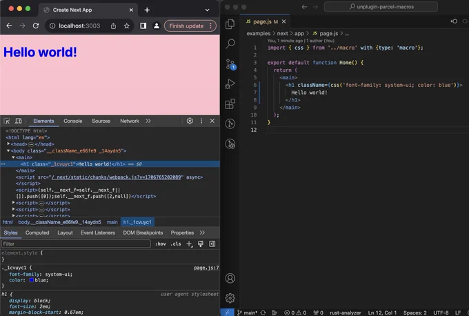 Screenshot of a browser on the left showing a hello world message. The dev tools are open with the h1 element highlighted showing the CSS. On the right is a viscose window showing a Next.js page.js file rendering this H1. It calls a `css` function which is imported with {type: 'macro'} and passes in a CSS string with font-family and color declarations.