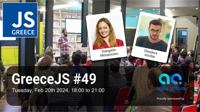 Logo of the 49th GreeceJS meetup which will be held on 20th of February 2024 at 18:00 at Impact Hub in Athens Greece.
