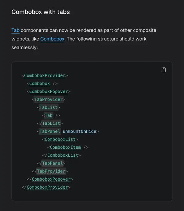 Screenshot of the "Combobox with tabs" section from the link provided in the post
