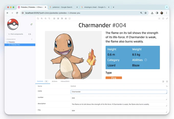 A Pokedex UI created in Storybook, showing the Pokemon, Charmander.