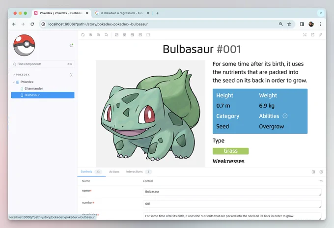 A version of the same component as before, now with props for Bulbasaur.