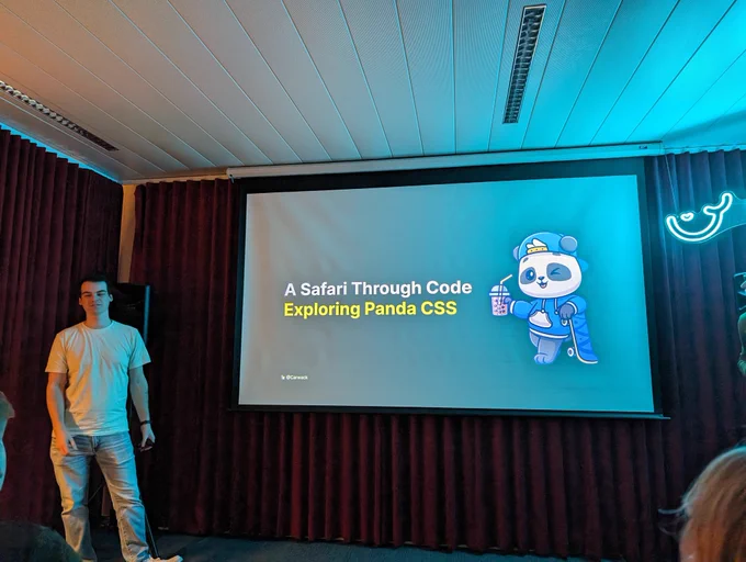 Slide with text: a safari through code, exploring panda css. With an image of a cool panda with skateboard
