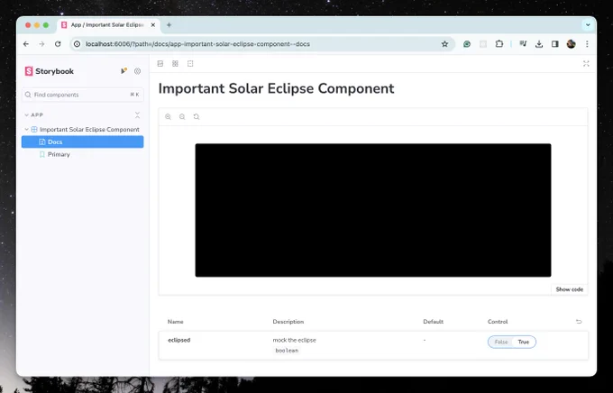 Storybook showing a dark square, with a control enabled to mock the eclipse